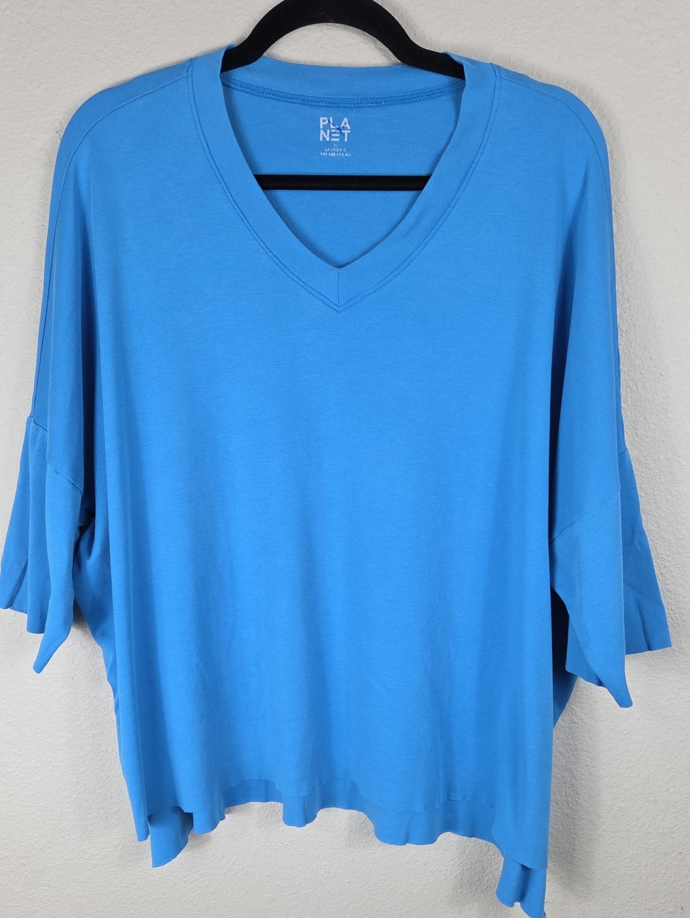 Planet by Lauren G Top Womens Blue Pima Cotton Boxy Dolman Raw Hem Tee OS